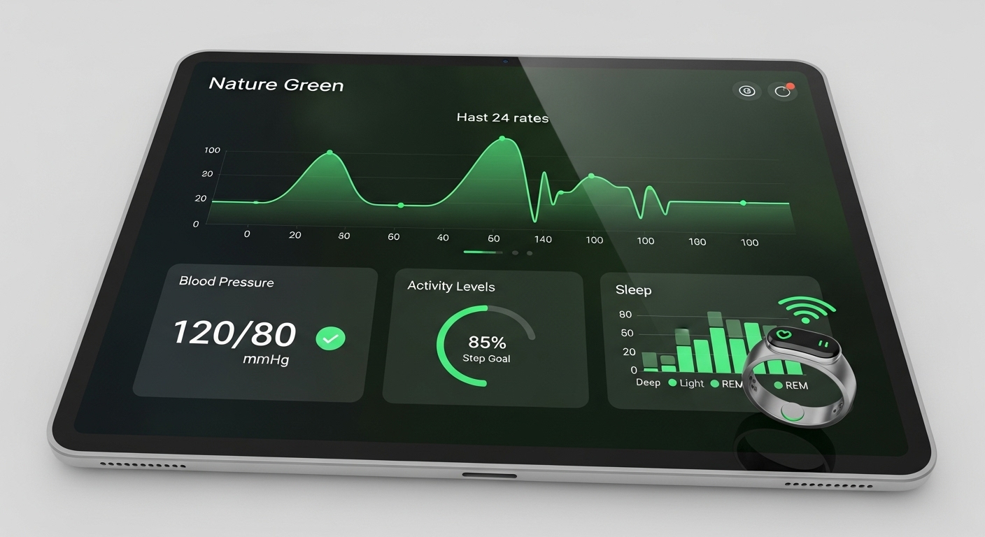 스마트폰 화면에 심박수, 활동량, 수면 패턴 등 건강 지표가 그래프로 시각화되어 표시된 디지털 헬스케어 대시보드. 스마트 워치와 연동되어 개인 건강 관리를 돕는 모습.