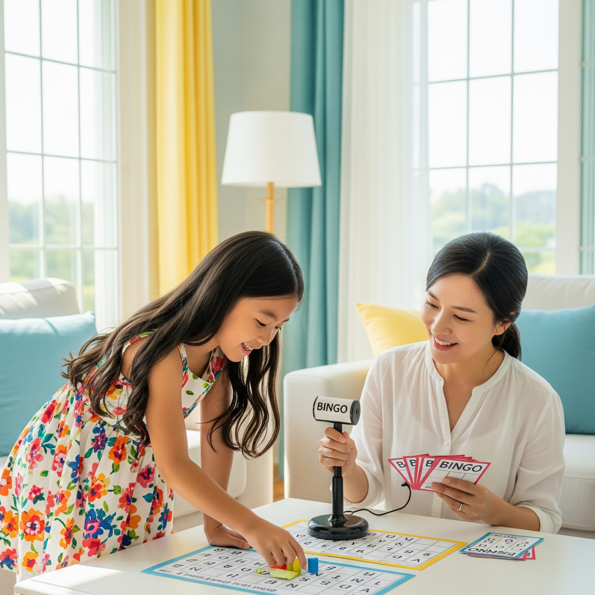 빙고를 하면서 영어 단어를 학습 중인 운동형 아이