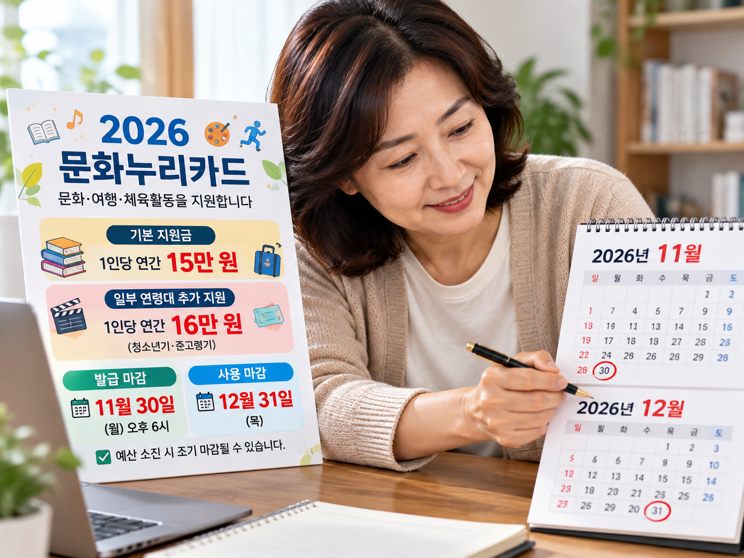 2026 문화누리카드 지원금과 신청 마감일을 확인하는 중년 여성