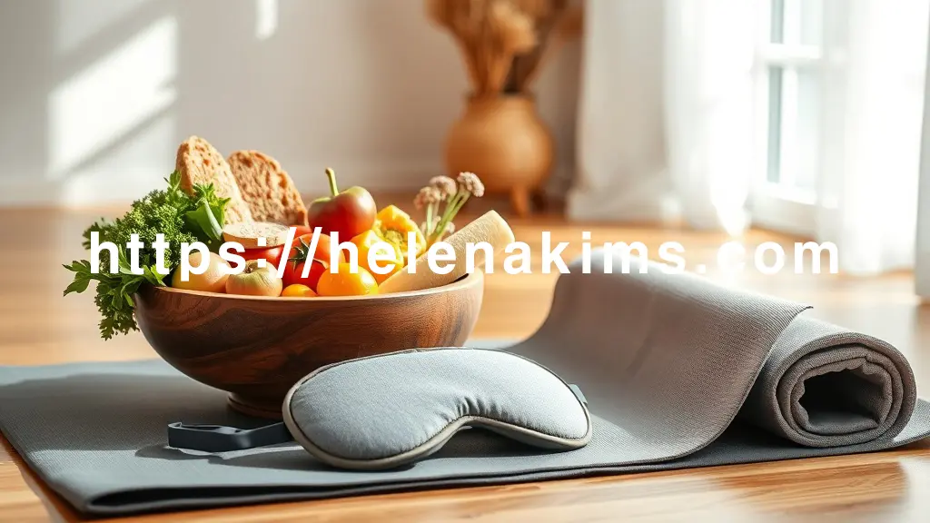 신선한 채소와 과일, 통곡물 빵이 담긴 나무 그릇 옆에 요가 매트와 차분하게 놓인 수면 마스크가 놓여 있는 이미지.