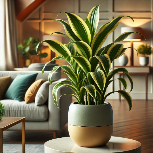 거실에 탁자위 쇼파가 보이고 잎이 초록과노랑이 섞여있는 식물화분모습