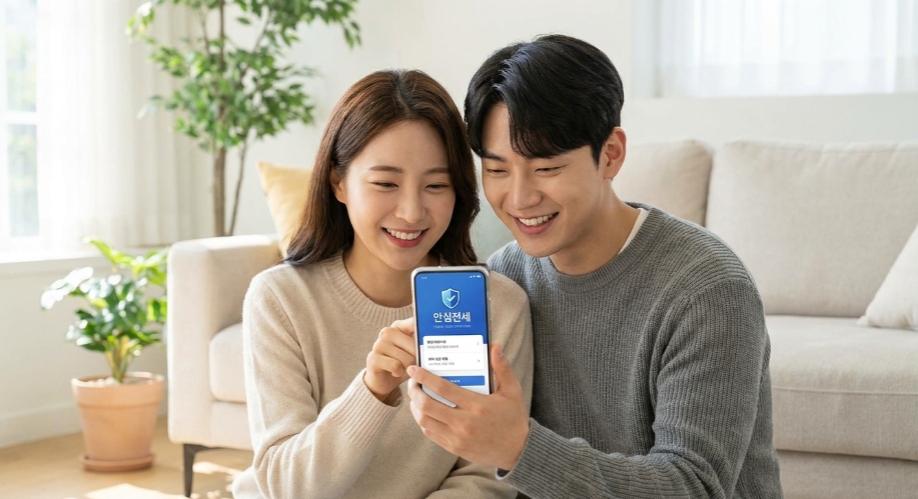 안심전세 앱 화면이 띄워진 스마트폰을 들고 안심하는 미소를 짓는 남녀