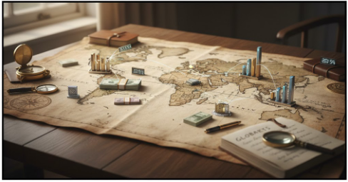 전 세계 지도를 펼쳐놓고 여러 국가의 통화와 주식 시장을 동시에 보여주는 이미지