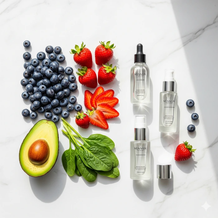 블루베리, 아보카도 등 항산화 식품과 스킨케어 제품이 하얀 배경 위에 놓여져 있음.