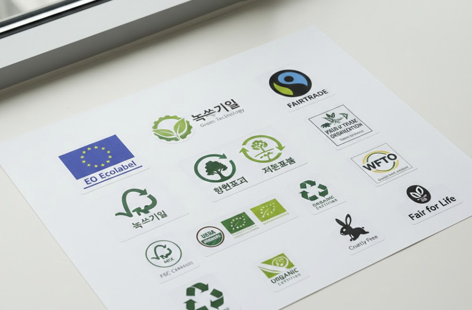 다양한 친환경 인증 마크와 환경 라벨이 표시된 제품들의 비교 이미지