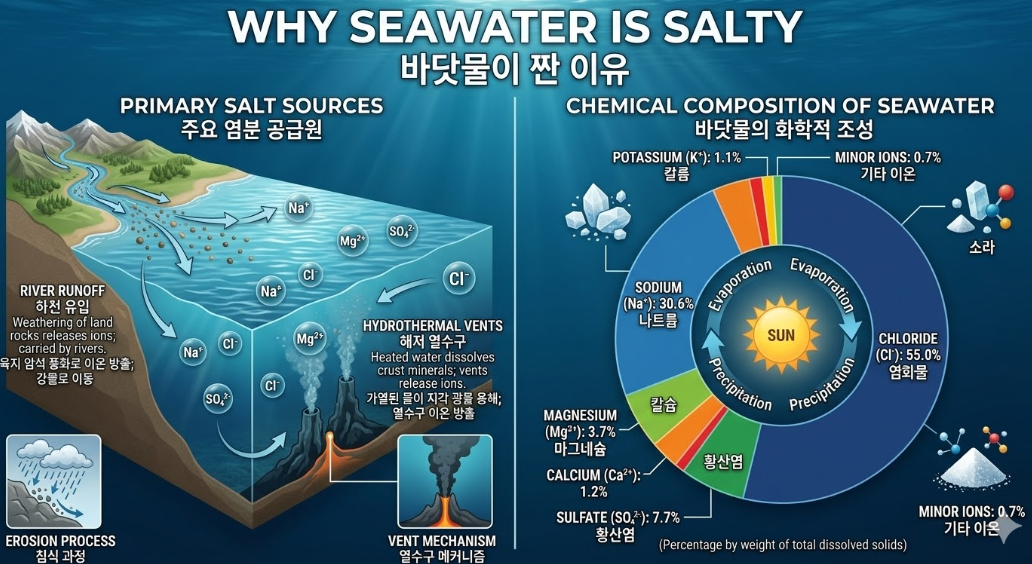 바닷물 염분 구성 성분 비율과 전 세계 해양 염분 농도 분포 도식 — 나트륨·염소 이온 비율 인포그래픽