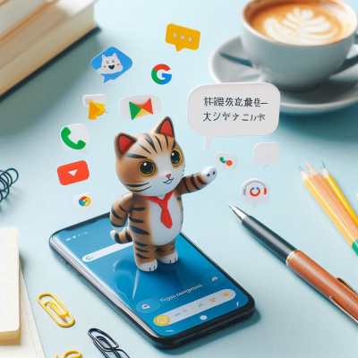책상 위 스마트폰과 고양이 캐릭터를 통해 번역 앱을 사용하는 모습