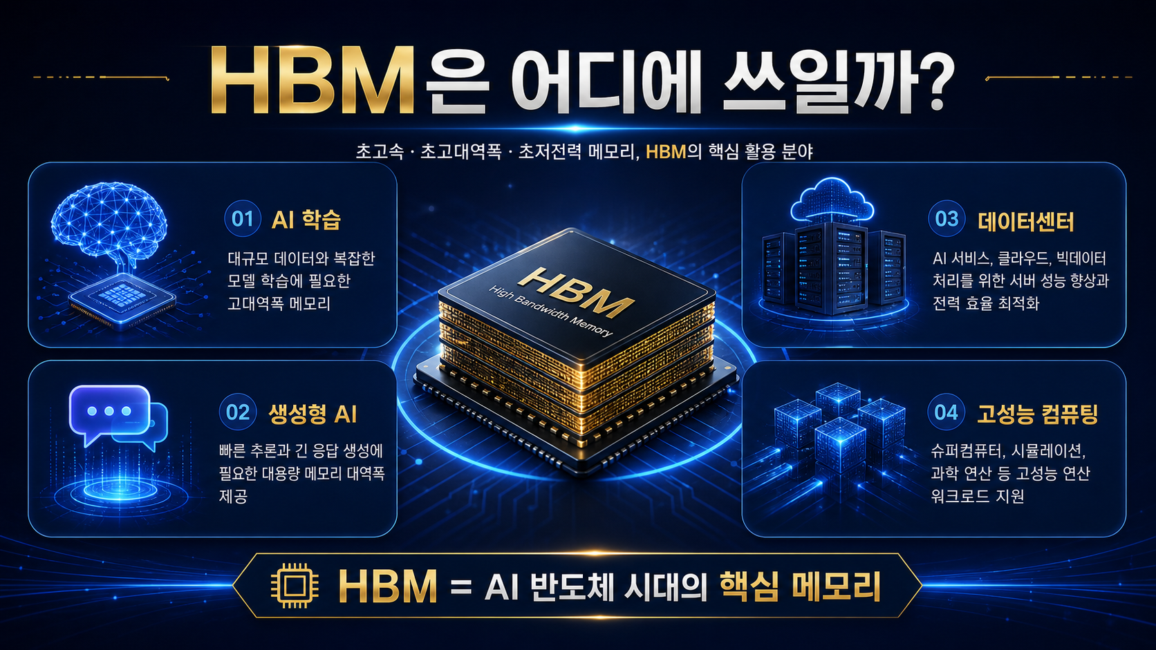 HBM 활용 분야 AI 학습 생성형 AI 데이터센터 고성능 컴퓨팅