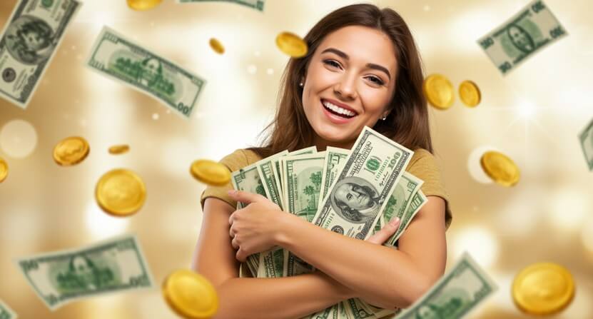 돈을 안고 좋아하는 여성