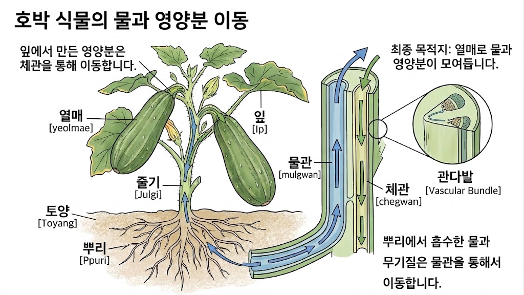 애호박 뿌리에서 흡수된 물과 양분이 줄기를 타고 열매로 원활하게 전달되는 과정을 보여주는 삽화