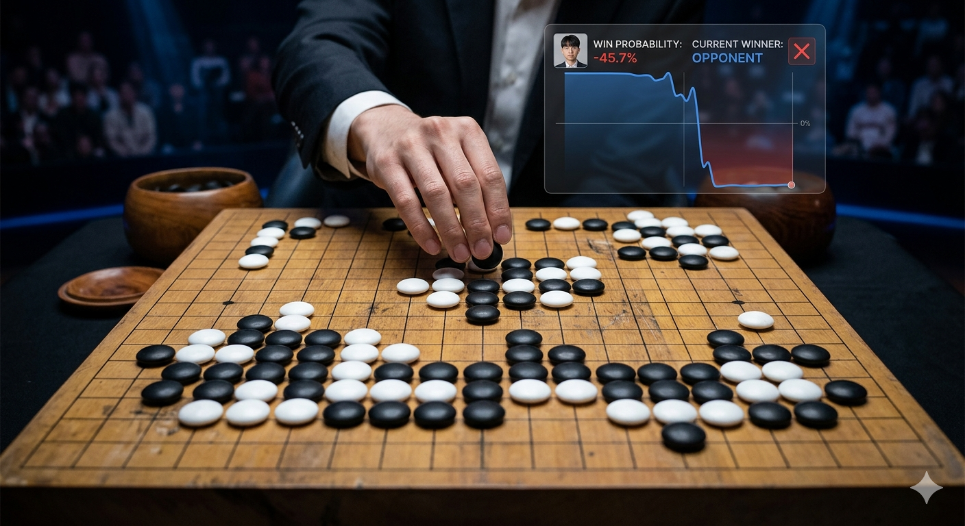 복잡한 중반 전투가 진행 중인 바둑판에 클로즈업하여, AI 승률 그래프가 급격히 떨어지는 절박한 순간