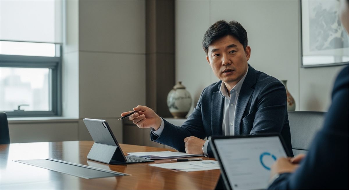 공급 계획을 논의하는 한국인 관리자들의 회의실 장면