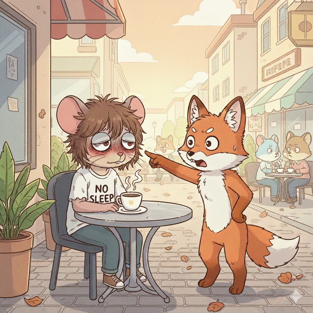 초췌한 모습의 친구에게 "너 요즘 왜이렇게 초췌하냐" 라고 말하는 듯한 모습의 동물을 의인화한 만화풍의 그림