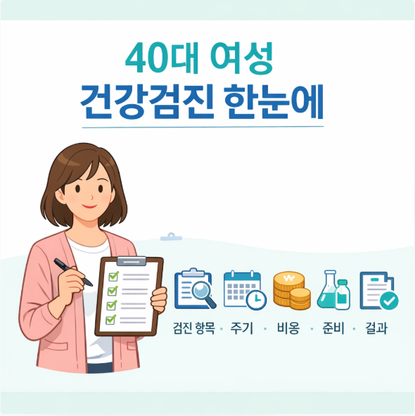 40대 여성 건강검진 항목과 주기, 준비사항을 한눈에 정리한 체크리스트 인포그래픽