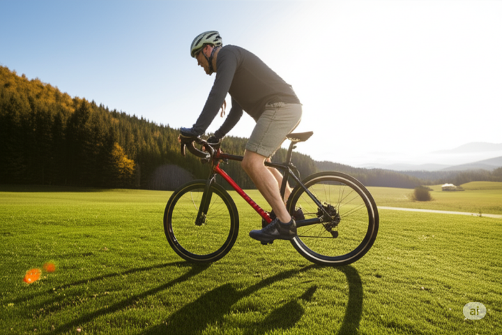 푸른 들판에서 자전거를 타는 활기찬 노년 남성, 건강하고 즐거운 은퇴 후 시간 활용
