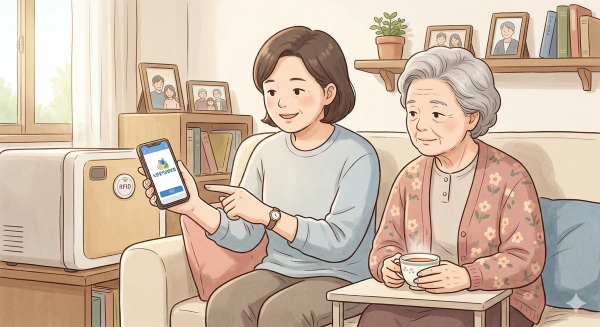 집에서 부모님을 돌보고 RFID를 찍는 모습