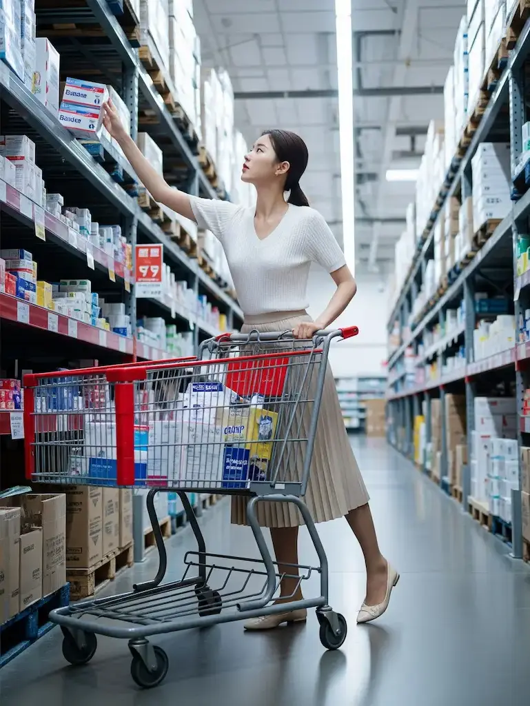 해외여행 준비를 위해 창고형 약국에서 카트에 상비약을 담고 있는 여성