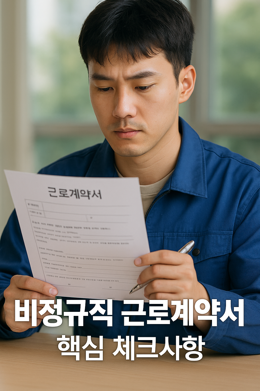 비정규직 근로 계약서를 검토하는 젊은남성의 진지한 모습