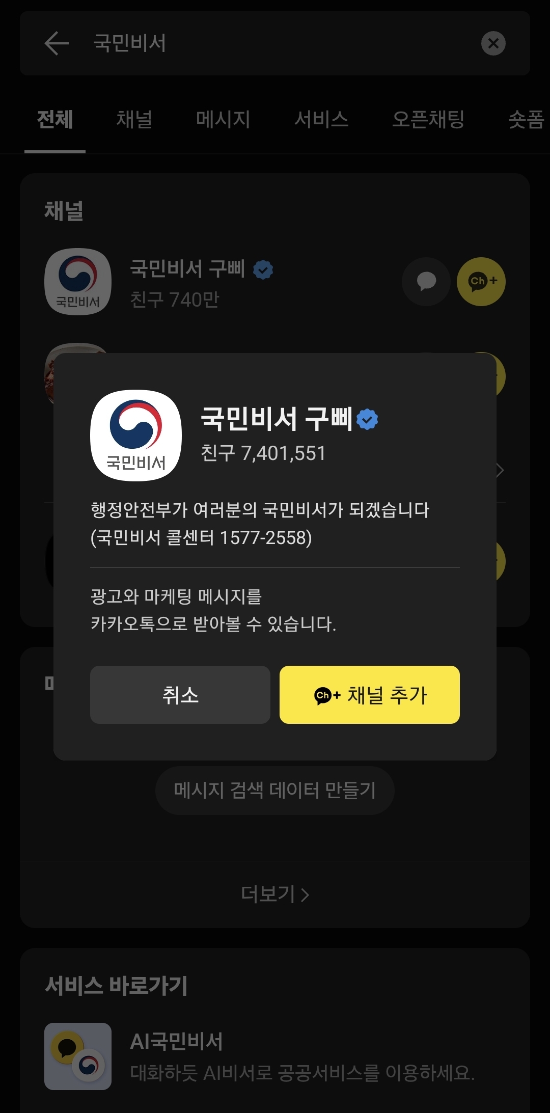 카카오톡에서 "국민비서 구삐" 채널을 검색해 채널 추가하는 화면