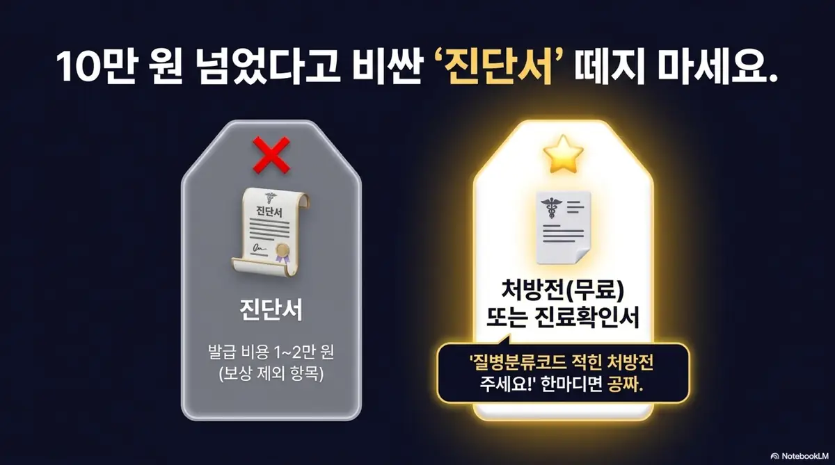 실손보험 청구서류: 10만 원 초과 시 비싼 진단서 대신 무료 처방전이나 진료확인서로 대체할 수 있다는 비용 절감 팁을 비교하는 인포그래픽 이미지. 이 이미지는 질병분류코드가 적힌 처방전 요청 방법을 시각적으로 전달하며&amp;#44; 블로그의 실비보험 청구 서류 발급비 절약과 관련된 내용을 설명함