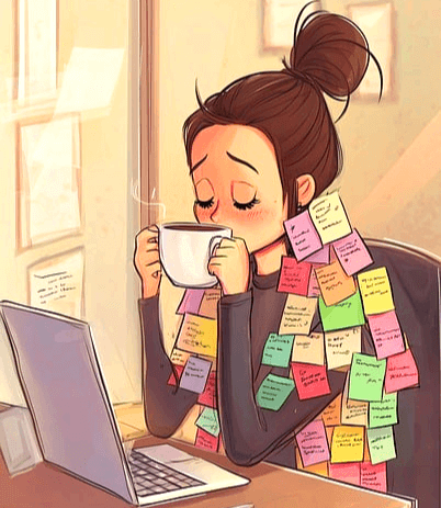 올림머리를 한 여자가 노트북 앞에 앉아서 따뜻한 커피를 마신다. 온몸에는 업무 포스트잇이 붙여진 애먹는 직장인이다.