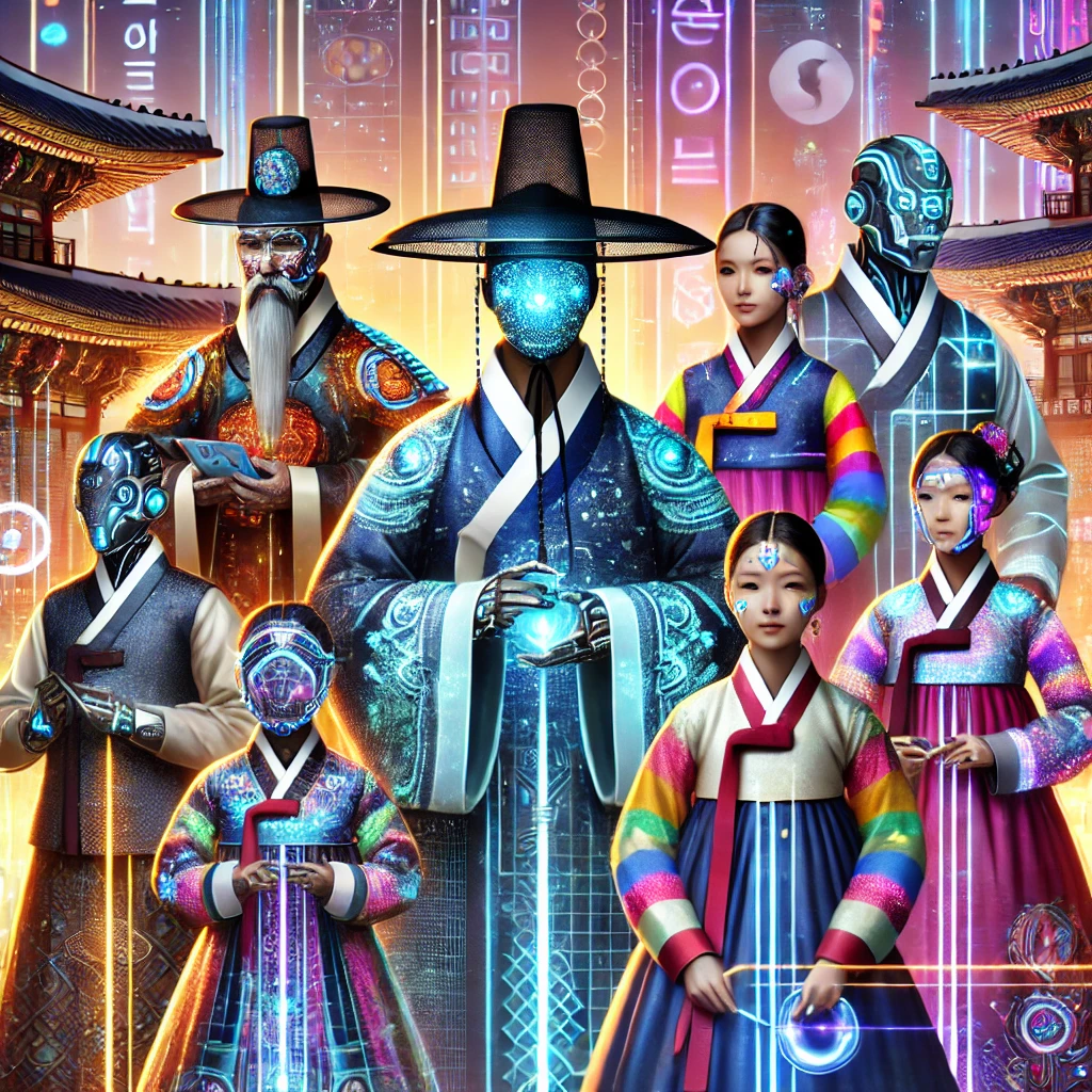 한복, 갓, 색동저고리, 한국 전통, 미래 디자인, AI특성, 전통과 기술 가로질러, 애니메이션 캐릭터, 혁신적인 한복