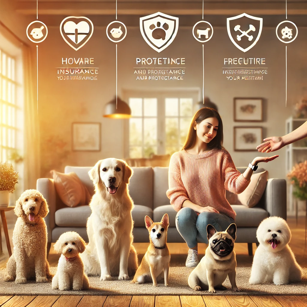 따뜻한 실내에서 여러 강아지와 주인이 함께 있는 펫보험 광고 이미지
