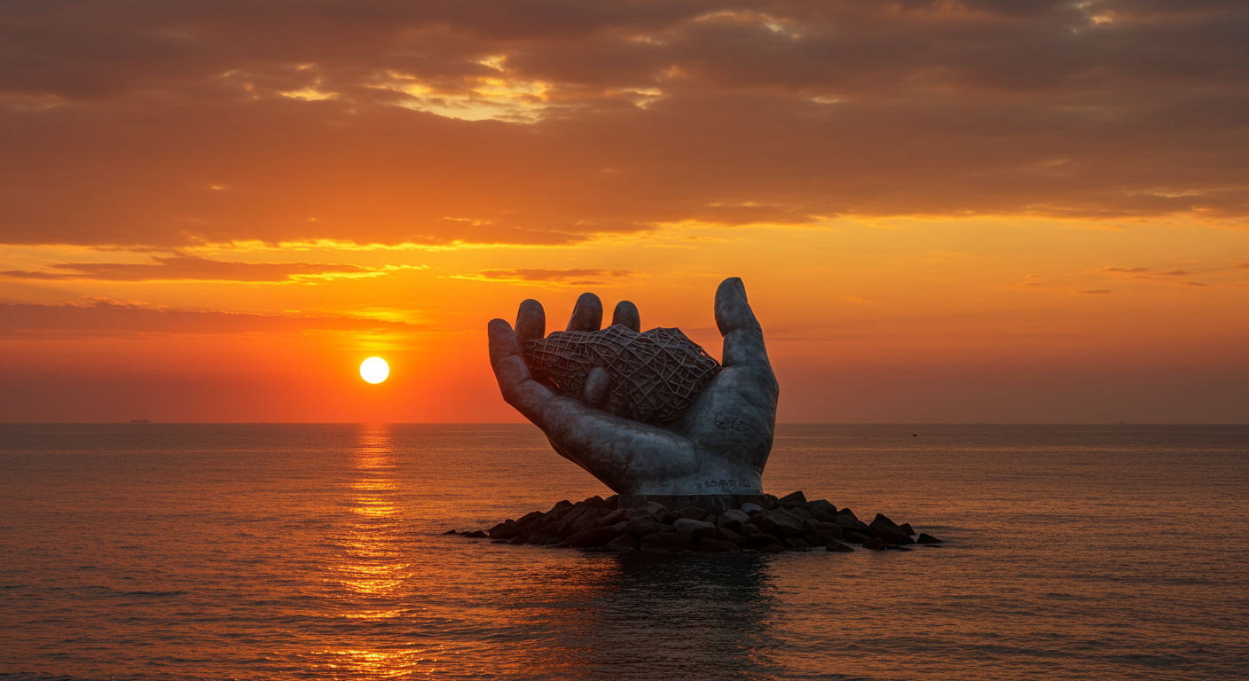 바다 위 상생의 손 위로 붉은 태양이 떠오르는 포항 호미곶의 일출 풍경