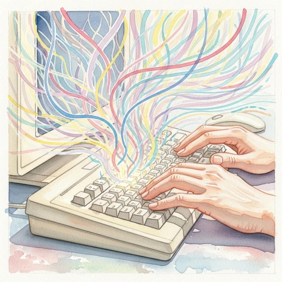 키보드를 치는 손과 AI의 상호작용.