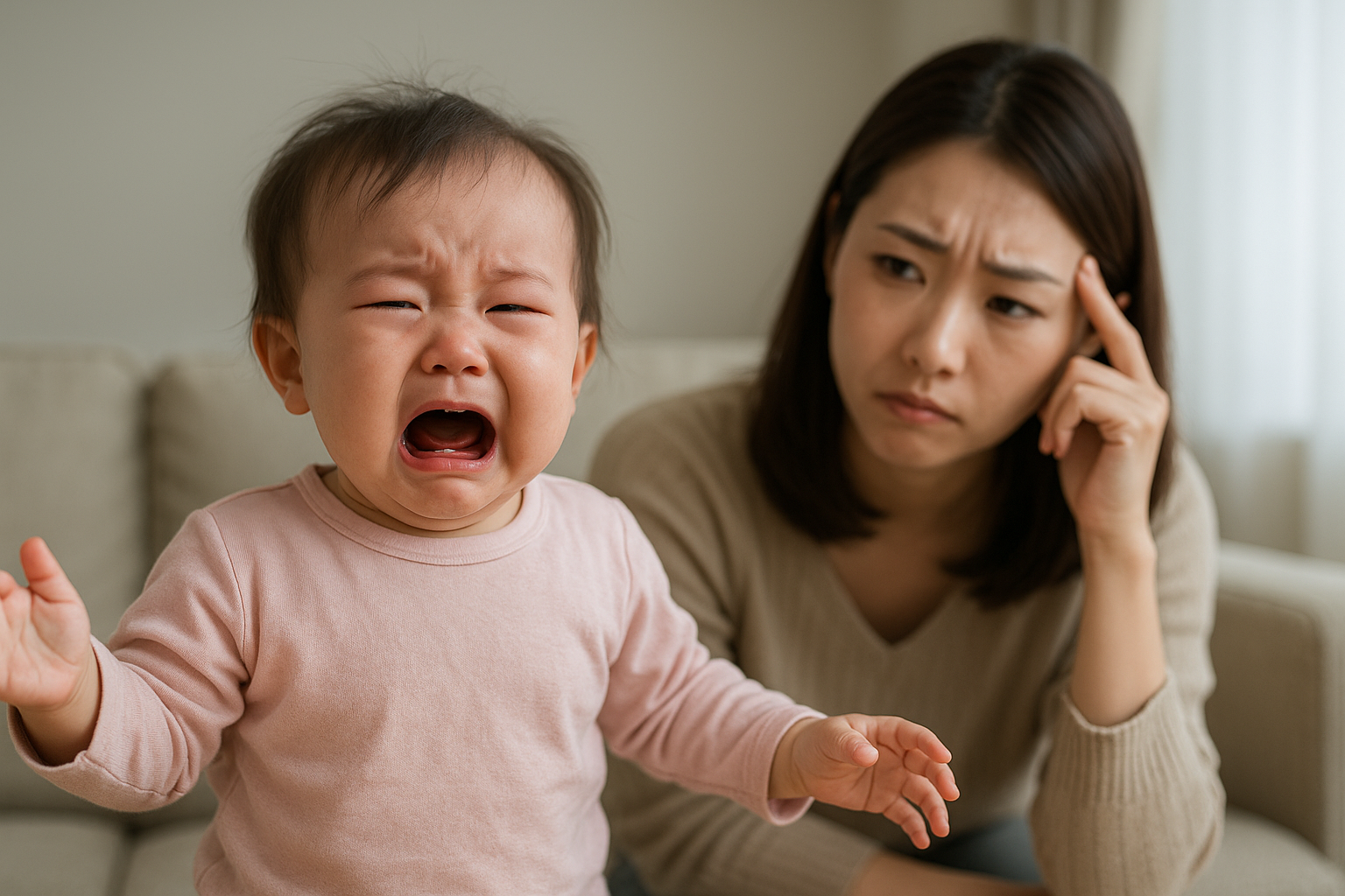 자주 우는 아기를 걱정스럽게 바라보는 엄마