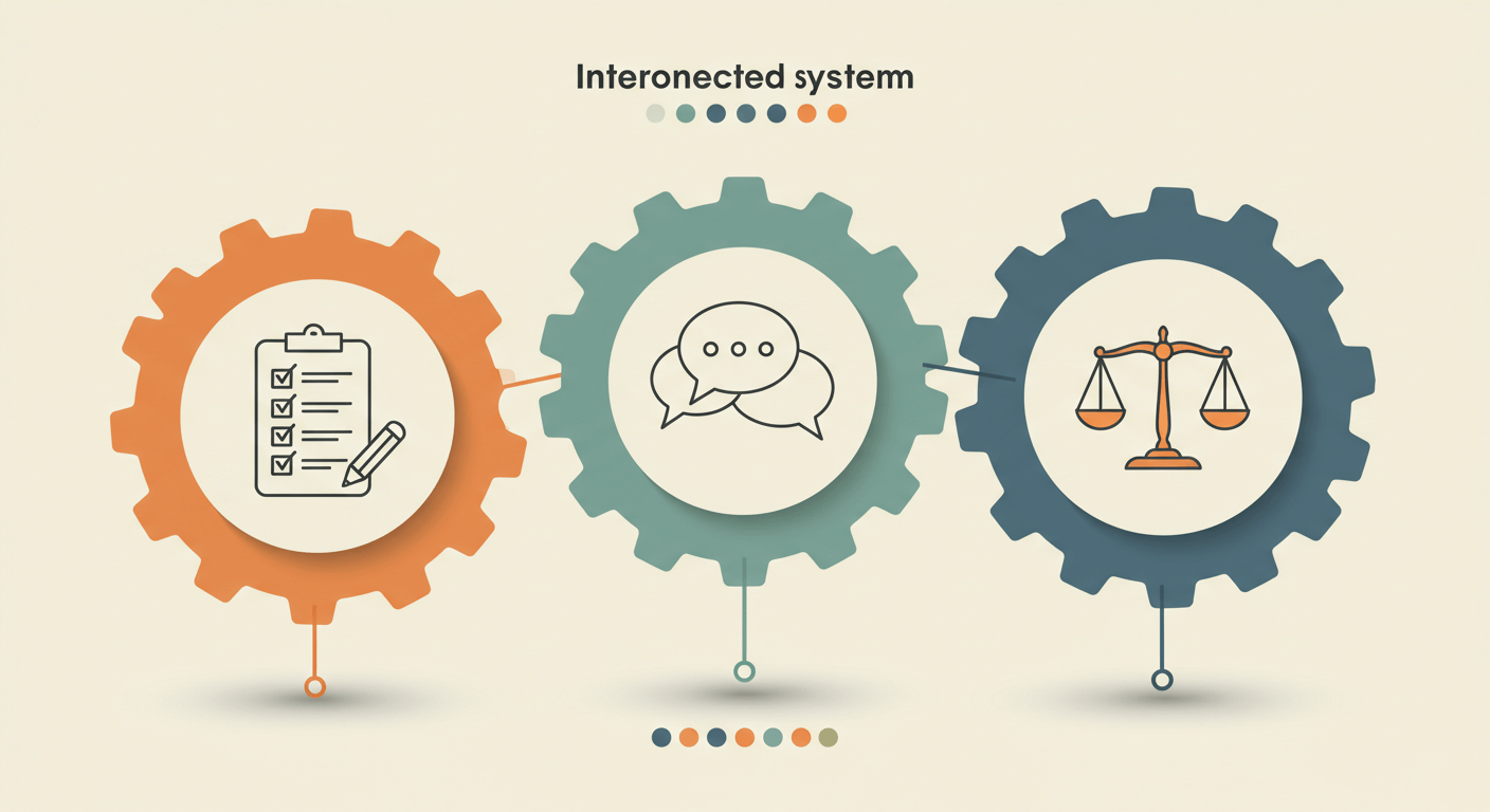 톱니바퀴 3개가 맞물리며 프로세스&middot;소통&middot;공정성을 상징하는 심볼이 들어간 인포그래픽&amp;#44; 한국 분위기 반영 2