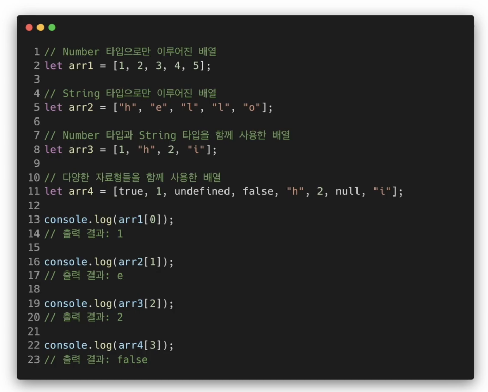 자바스크립트 배열 예제와 index 접근 결과 화면