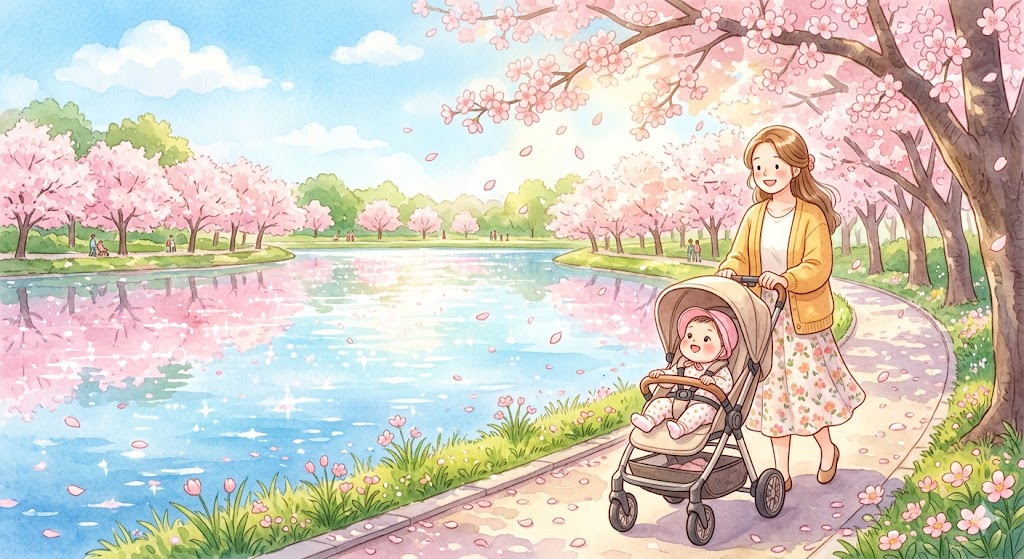 A mother pushing a stroller with her baby along a cherry blossom path beside a tranquil lake in Gyeonggi, South Korea, on a warm spring day.