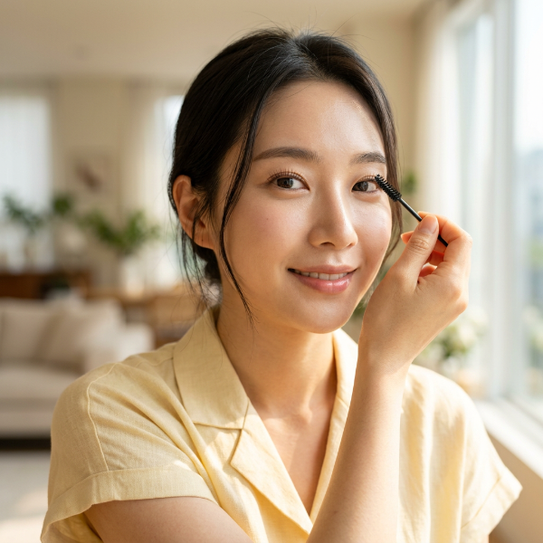 여름철 물놀이와 바캉스 속에서도 번짐 없이 또렷하고 자연스러운 인형 눈매를 유지하기 위해 전용 브러시로 속눈썹을 관리하는 모습
