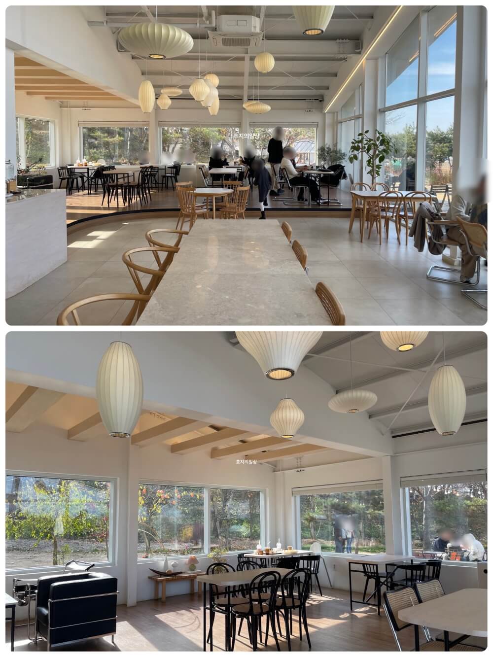 천안 핑크 뮬리 뷰맛집 카페 이숲 - 매장 우드 좌석