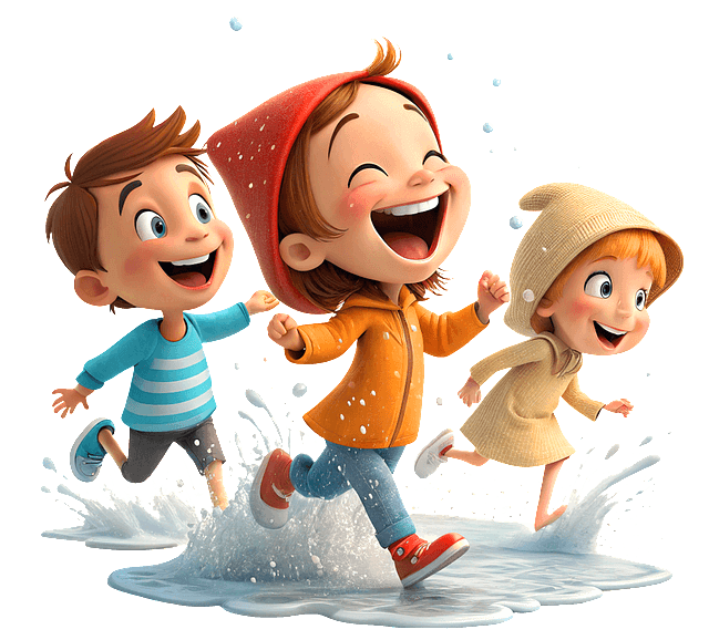 3명의 아이들이 환하게 웃으면서 빗물이 고인 거리를 달려간다. 여자아이 2명, 남자아이 1명이다.