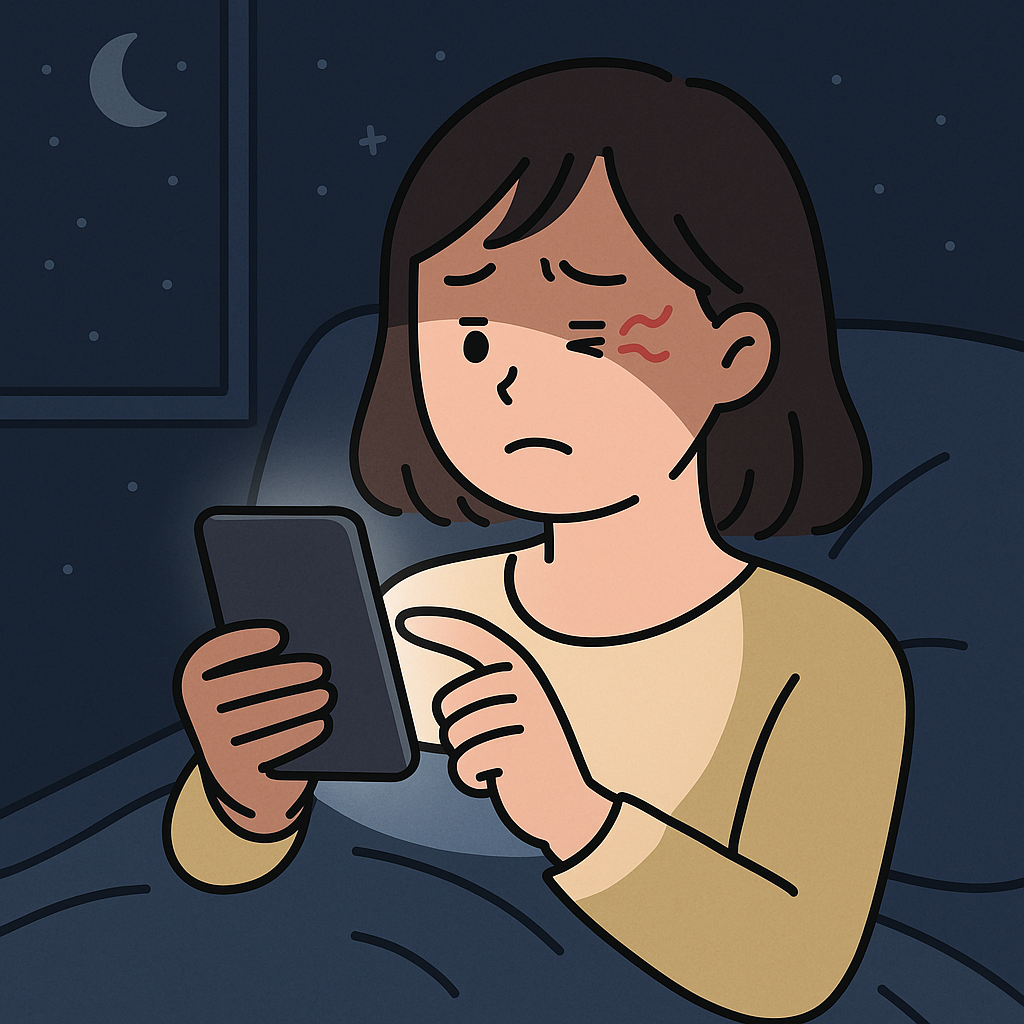 어두운 방안에서 스마트폰을 하며 찡그리는 여자 일러스트