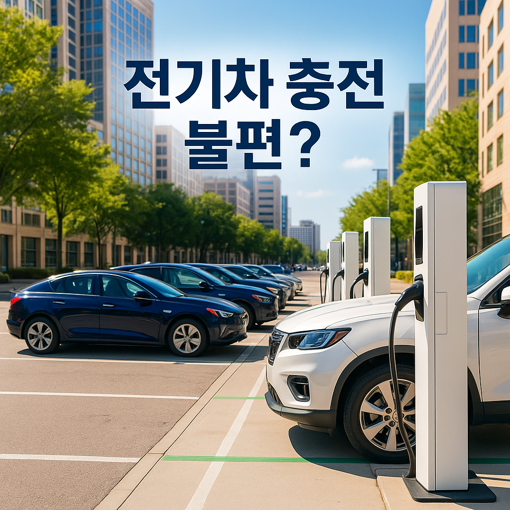 alt="밝은 도심 속 전기차 충전소, 여러 대의 차량이 충전 중인 모습"