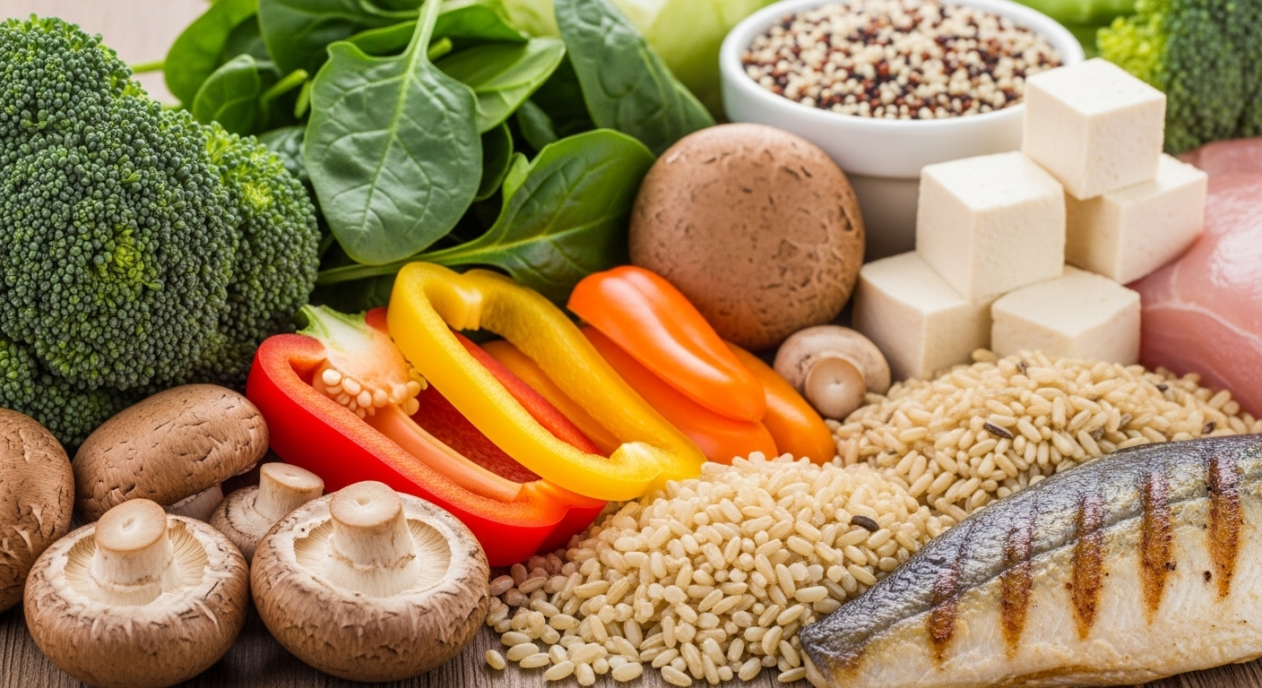 고혈압과 당뇨 관리에 좋은 신선한 채소, 통곡물, 단백질 식재료가 풍성하게 차려진 모습