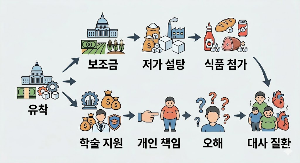 정치-자본 유착에서 시작해 두 갈래로 나뉩니다. 위쪽은 보조금이 저가 설탕 생산과 식품 첨가로 이어집니다. 아래쪽은 학술 지원이 비만을 개인 책임으로 오해하게 합니다. 두 흐름은 대사 질환 유발이라는 결과로 모입니다.