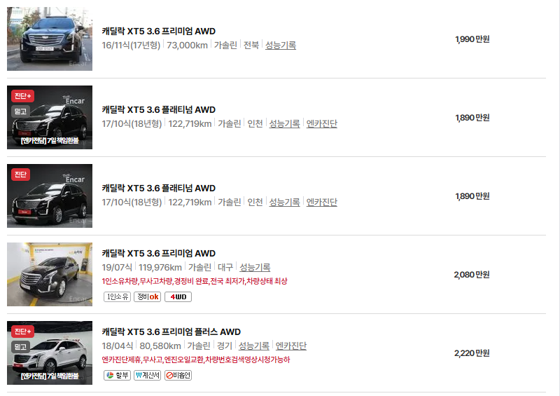 캐딜락 XT5 중고차 가격 시세표 및 유지비