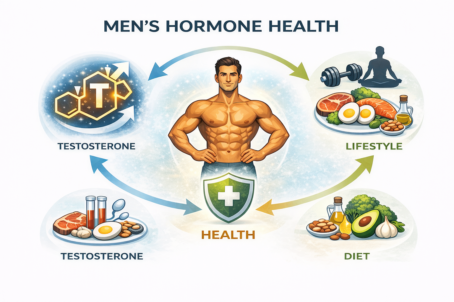 남성 성호르몬 관리를 설명하는 인포그래픽으로, 중앙의 건강을 기준으로 테스토스테론, 생활습관, 식단 요소가 균형 있게 연결된 구조를 보여주는 이미지