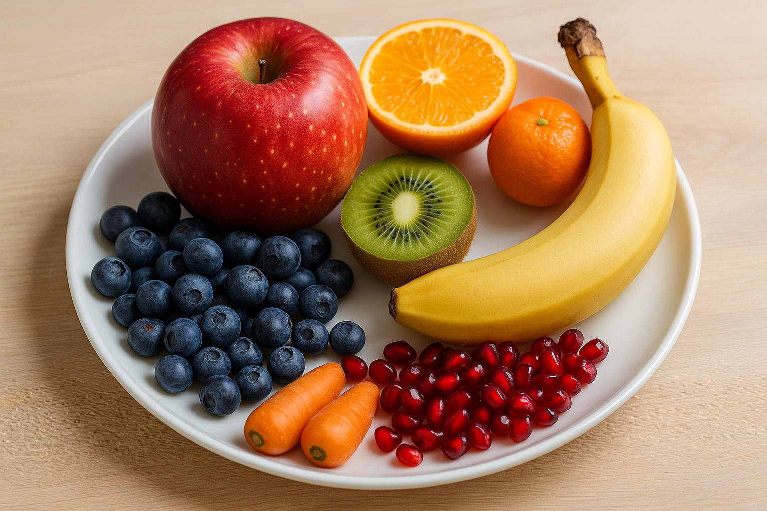 사과·오렌지·바나나·블루베리·석류가 담긴 접시