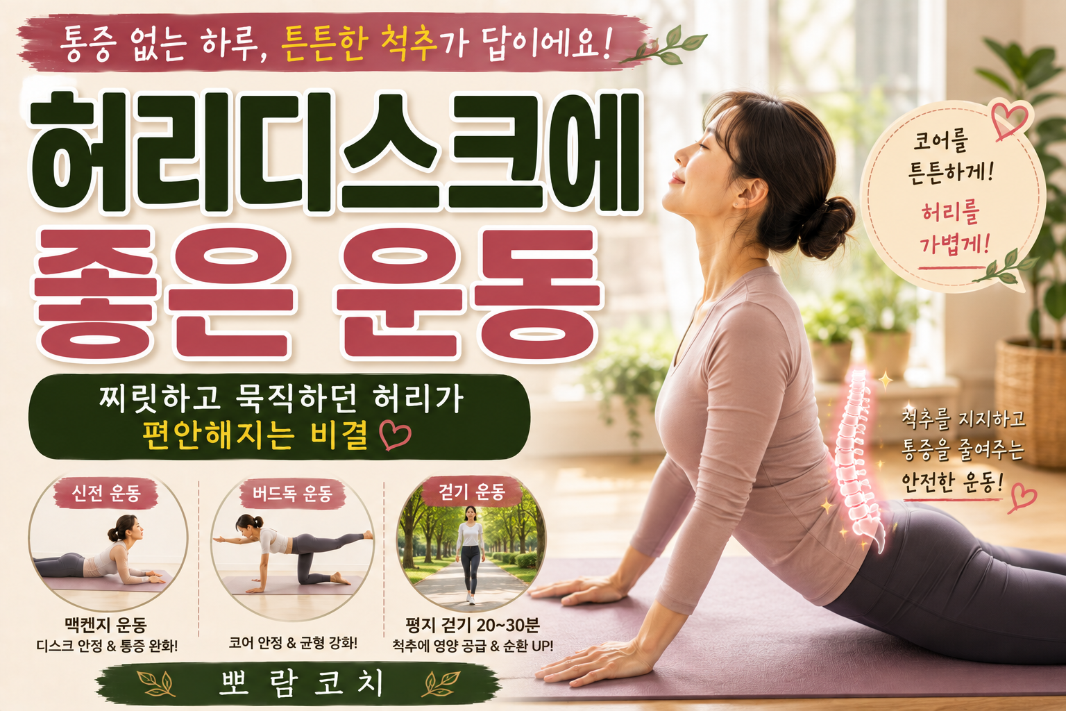 따스한 햇살이 드는 아늑한 거실 요가 매트 위에서 편안하게 맥켄지 신전 운동 동작을 하고 있는 모습