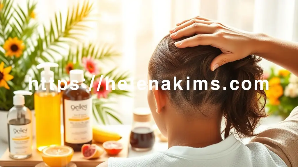 싱그럽고 밝은 배경에서 부드러운 손길로 두피를 정성껏 마사지하는 사람의 모습. 주변에는 **약산성 샴푸, 두피 토닉, 그리고 건강한 식재료(과일, 물 한 잔)**가 자연스럽게 놓여 있습니다.