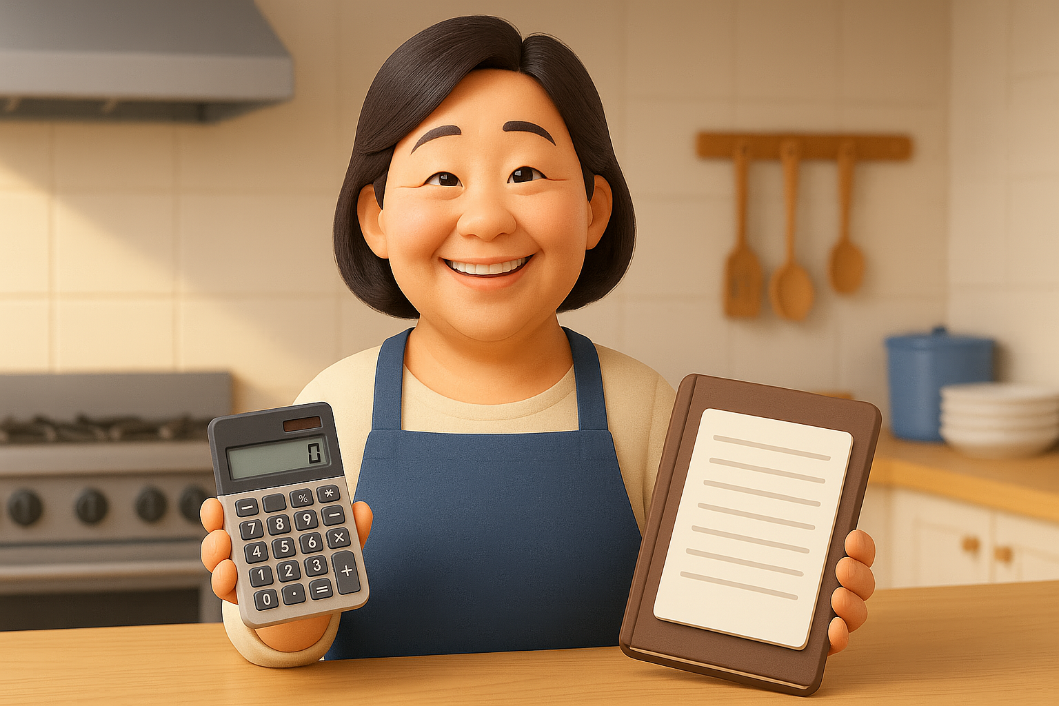 식자재 비용 절감에 성공하여 만족스럽게 웃고 있는 식당 사장님의 모습.