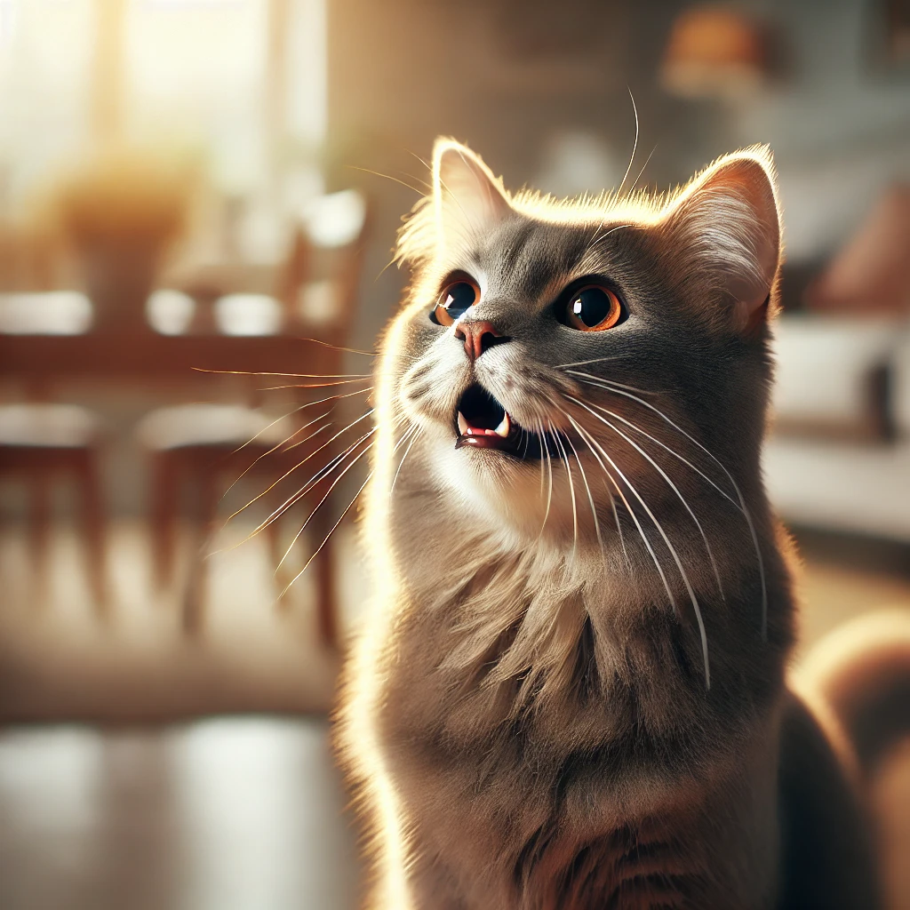 주인을 보며 울음소리를 내는 고양이의 실사 이미지