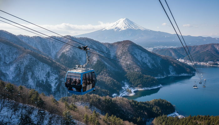 하코네 로프웨이가 아시노코 호수와 후지산을 배경으로 푸른 산 위를 지나가는 겨울 풍경.