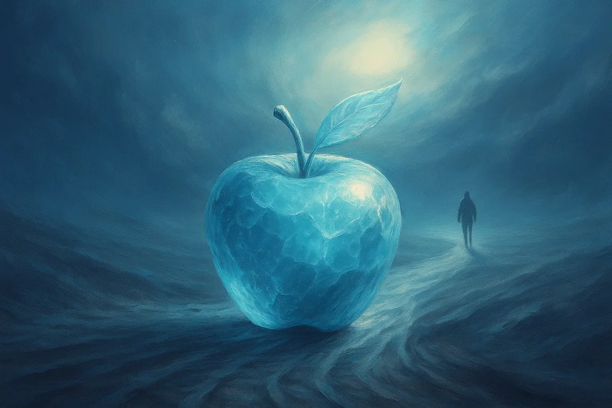 초현실적인 푸른 사과와 실루엣 인물