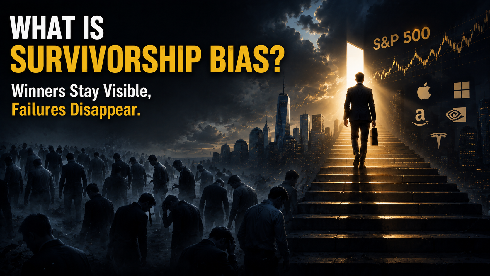 Survivorship bias showing visible investment winners while failed investors disappear from view